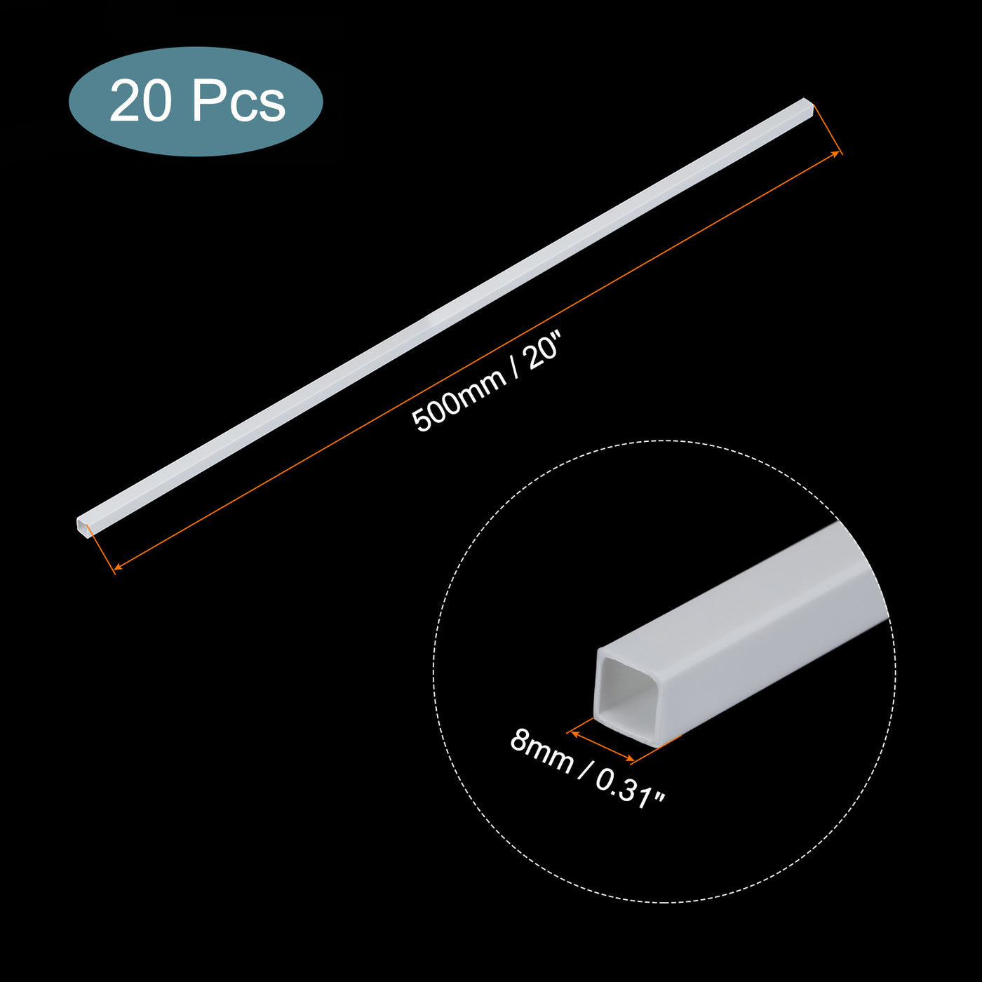 Harfington 20pcs 20" Plastic Model Tube ABS Solid Square Bar 0.31"x0.31" White Easy Processing for Architectural Model Making DIY