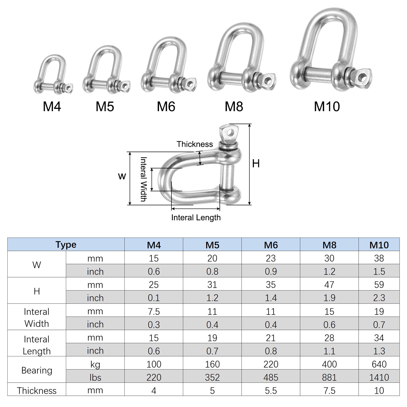 6Pcs 3/16" / 5mm Screw Pin Shackle, D Ring for Heavy Lifting, Silver