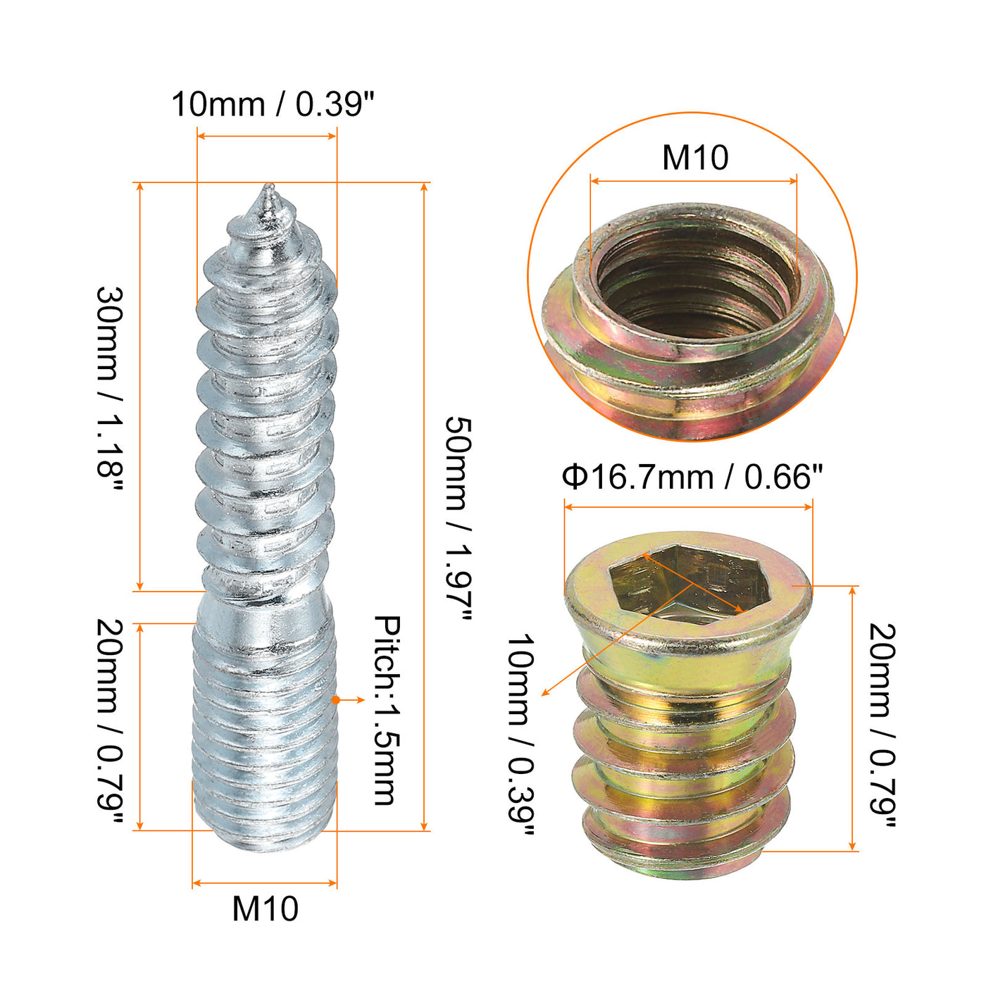 uxcell Uxcell 8pcs M10x50mm Hanger Bolts with 8pcs M10x20mm Threaded Insert Nuts Interface