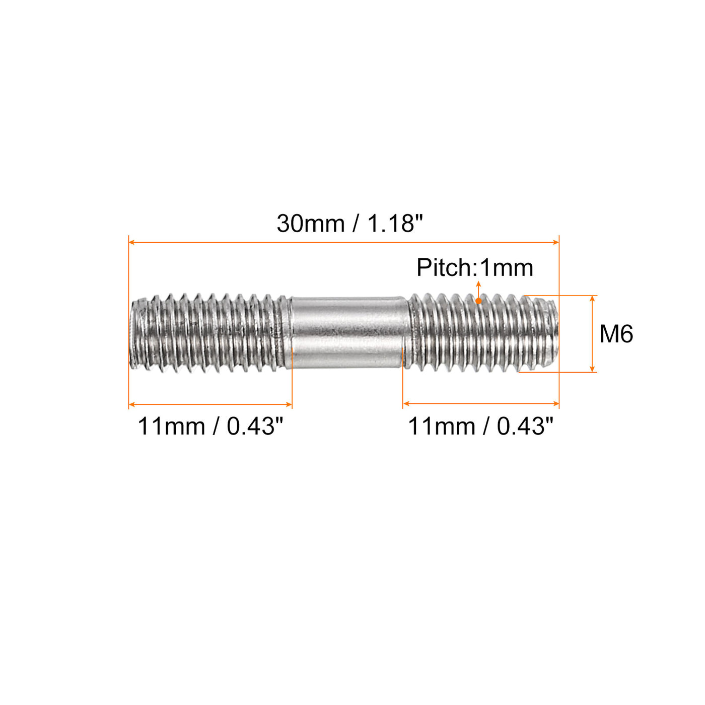 uxcell Uxcell 5Pcs M6x30mm 304 Stainless Steel Double End Threaded Stud Screw