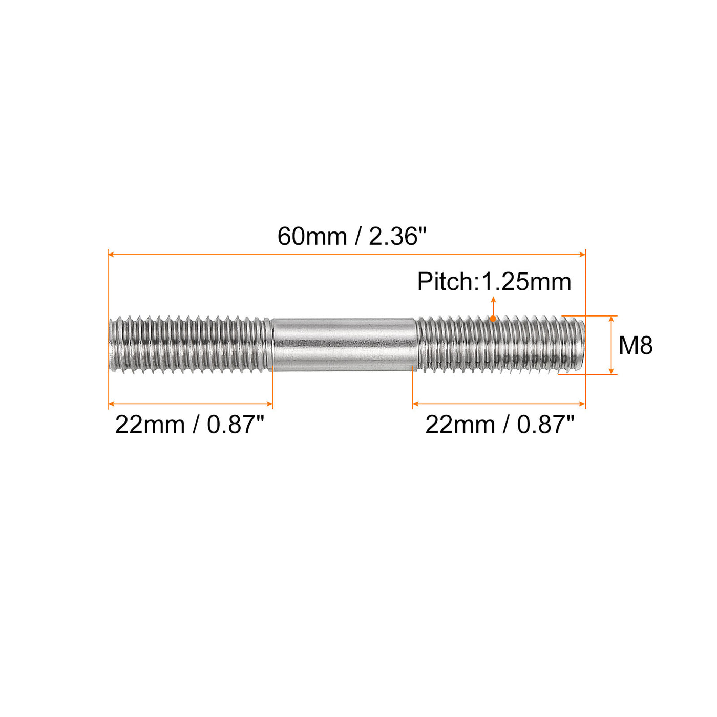 uxcell Uxcell 5Pcs M8x60mm 304 Stainless Steel Double End Threaded Stud Screw