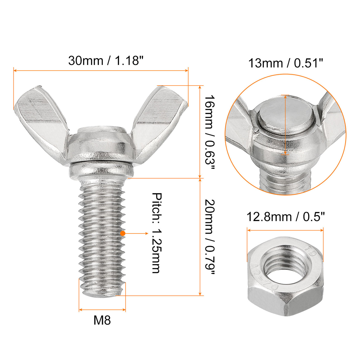 uxcell Uxcell 20pcs 304 Stainless Steel M8x20mm Wing Butterfly Screws Bolts with 20pcs Nuts