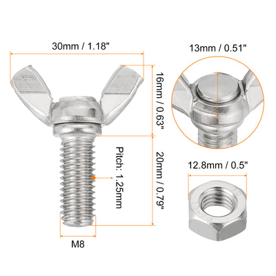 Harfington Uxcell 20pcs 304 Stainless Steel M8x20mm Wing Butterfly Screws Bolts with 20pcs Nuts