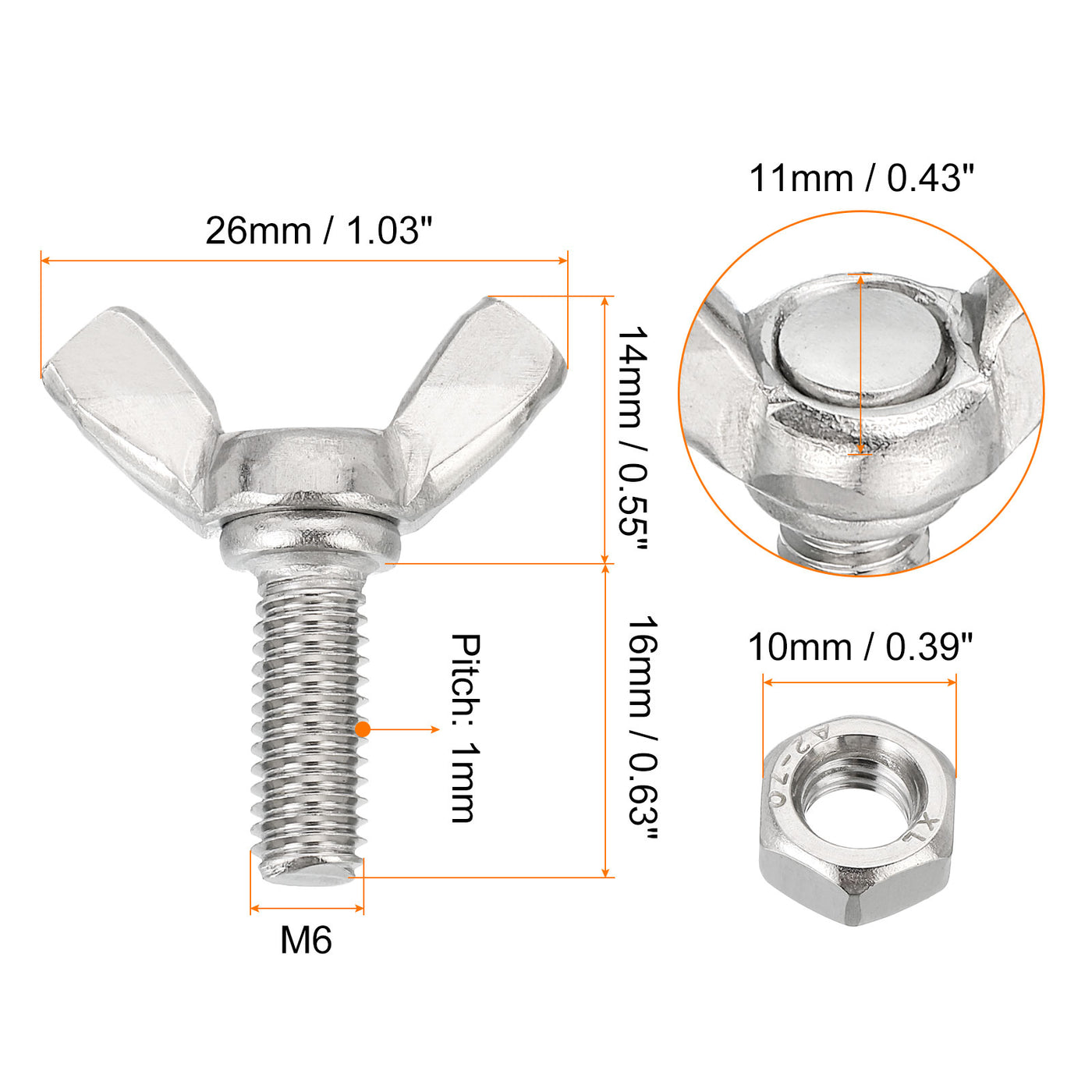 uxcell Uxcell 6pcs 304 Stainless Steel M6-1x16mm Wing Butterfly Screws Bolts with 6pcs Nuts