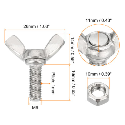 Harfington Uxcell 10pcs 304 Stainless Steel M6-1x16mm Wing Butterfly Screws Bolts with 10pcs Nuts