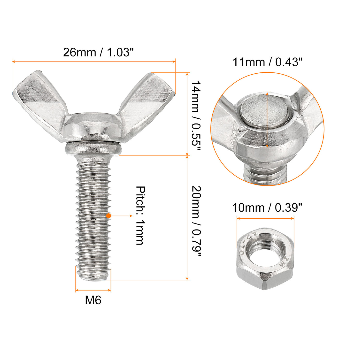uxcell Uxcell 6pcs 304 Stainless Steel M6-1x20mm Wing Butterfly Screws Bolts with 6pcs Nuts