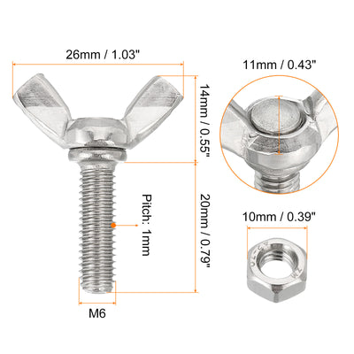 Harfington Uxcell 20pcs 304 Stainless Steel M6-1x20mm Wing Butterfly Screws Bolts with 20pcs Nuts