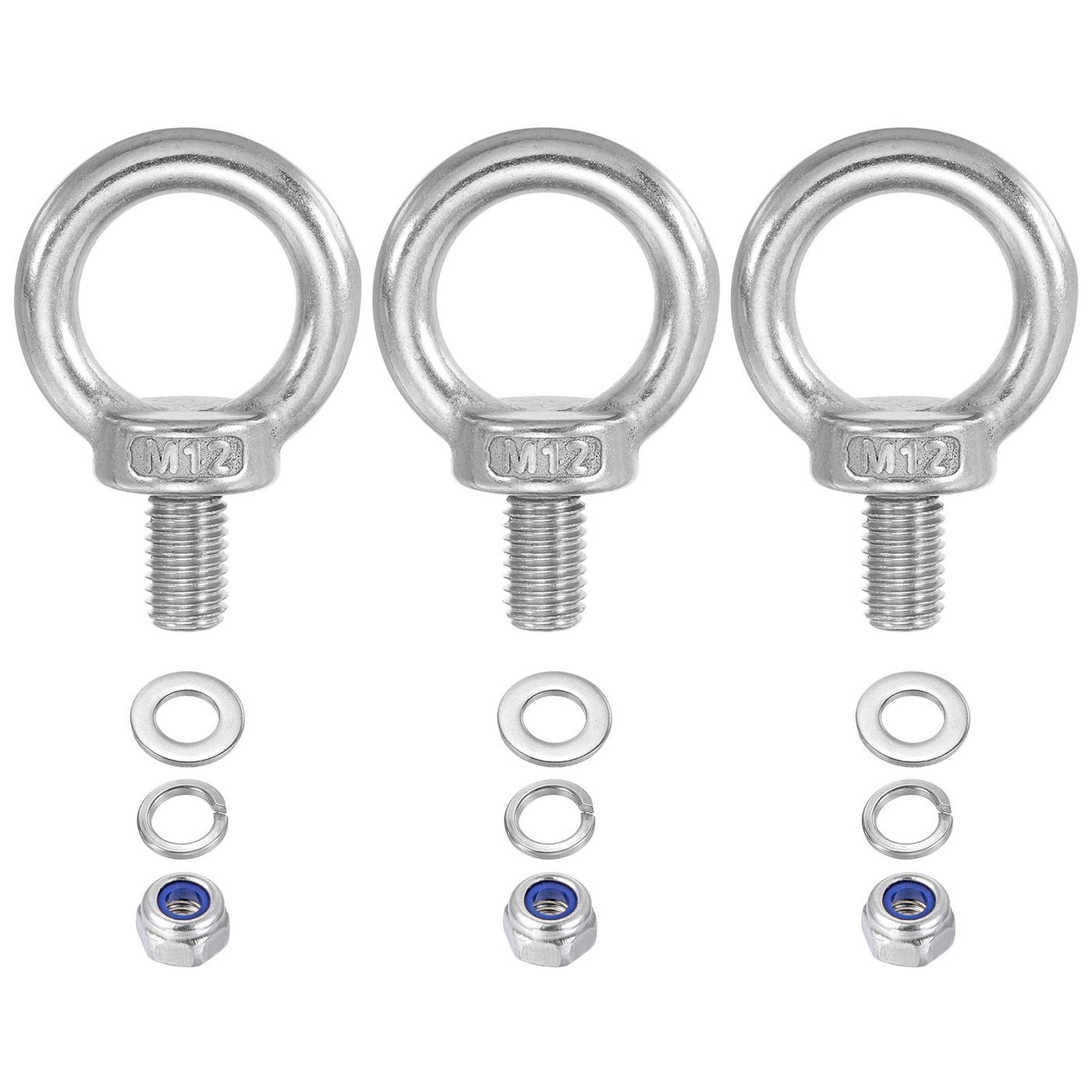Harfington 3Pcs M12 x 20mm 304 Stainless Steel Lifting Shoulder Eye Bolt with Nuts Washers