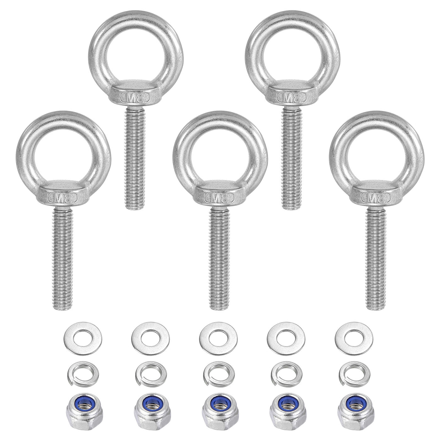 Harfington 5Pcs M8 x 50mm 304 Stainless Steel Lifting Shoulder Eye Bolt with Nuts Washers