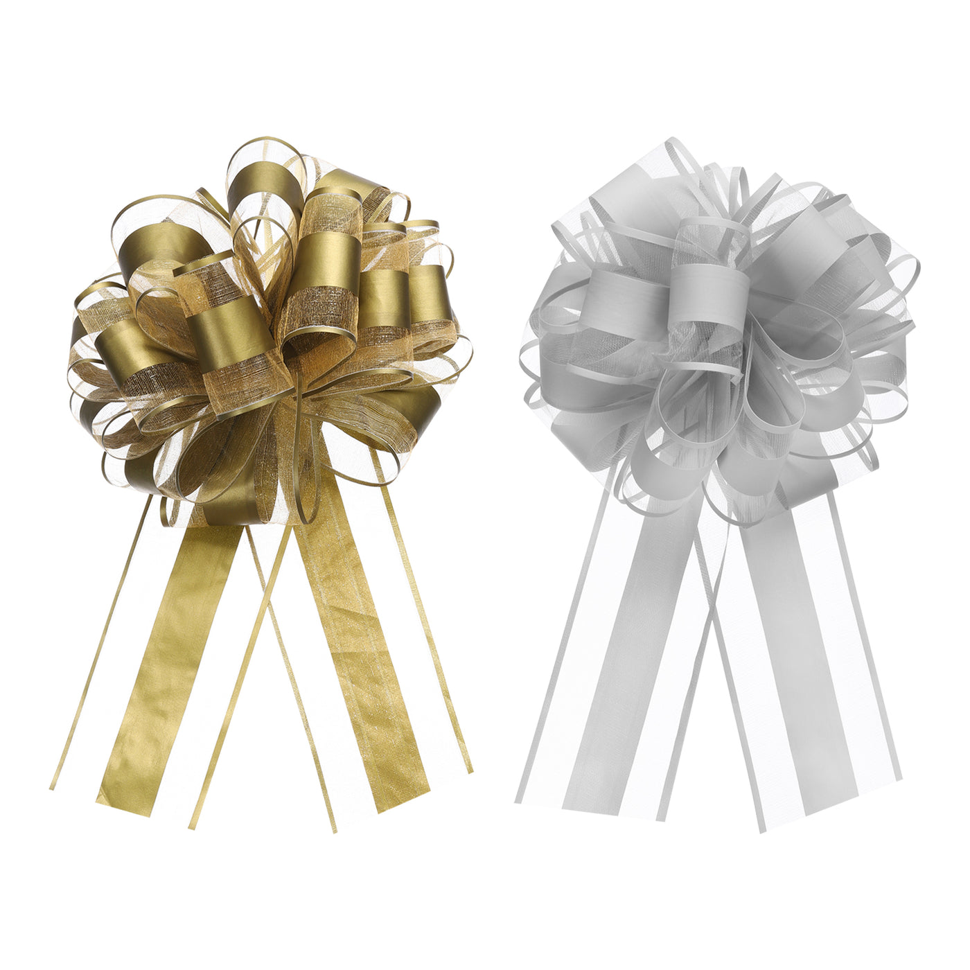 Harfington 10pcs 8 Inch Large Pull Bow Organza Gift Wrapping Bows Ribbon, Golden Silver