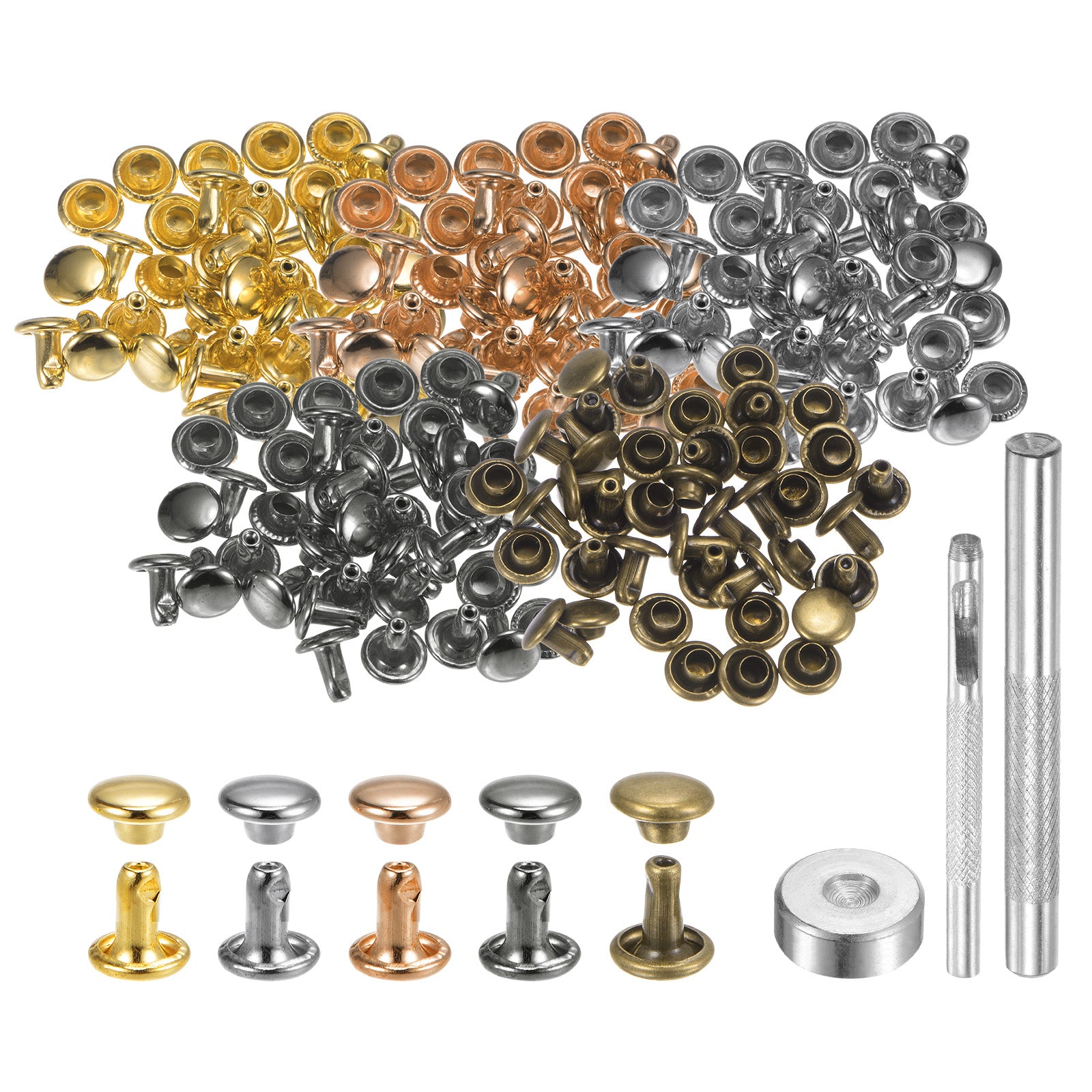 100 Sets Leather Rivets 6mm x 6mm Metal with 3 Setter Tools Multi ...
