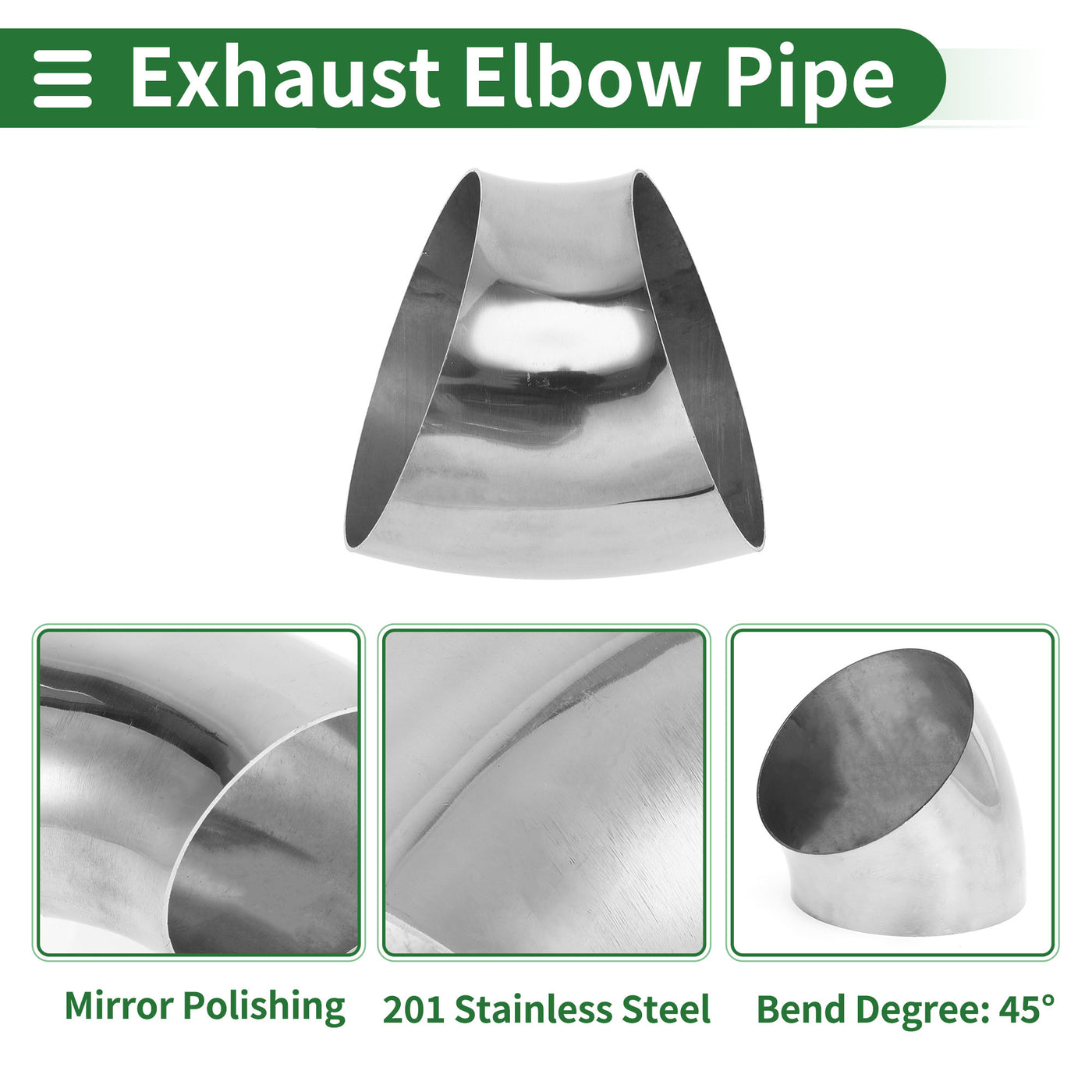 Motoforti Universal 3" OD 45 Degree Exhaust Elbow Pipe - SS304 Stainless Steel Mandrel Bent