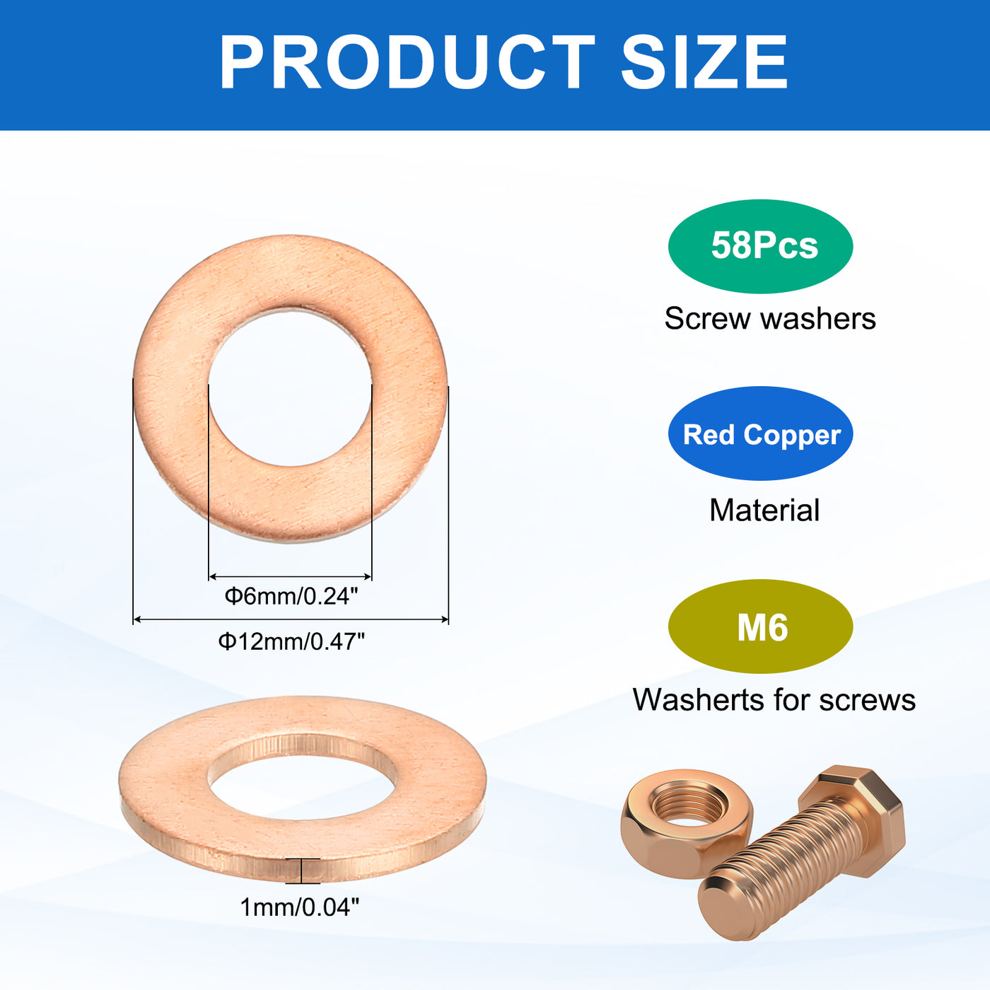 58Pcs Flat Washer, M6 Copper Washers Copper Sealing Ring Crush Washer ...