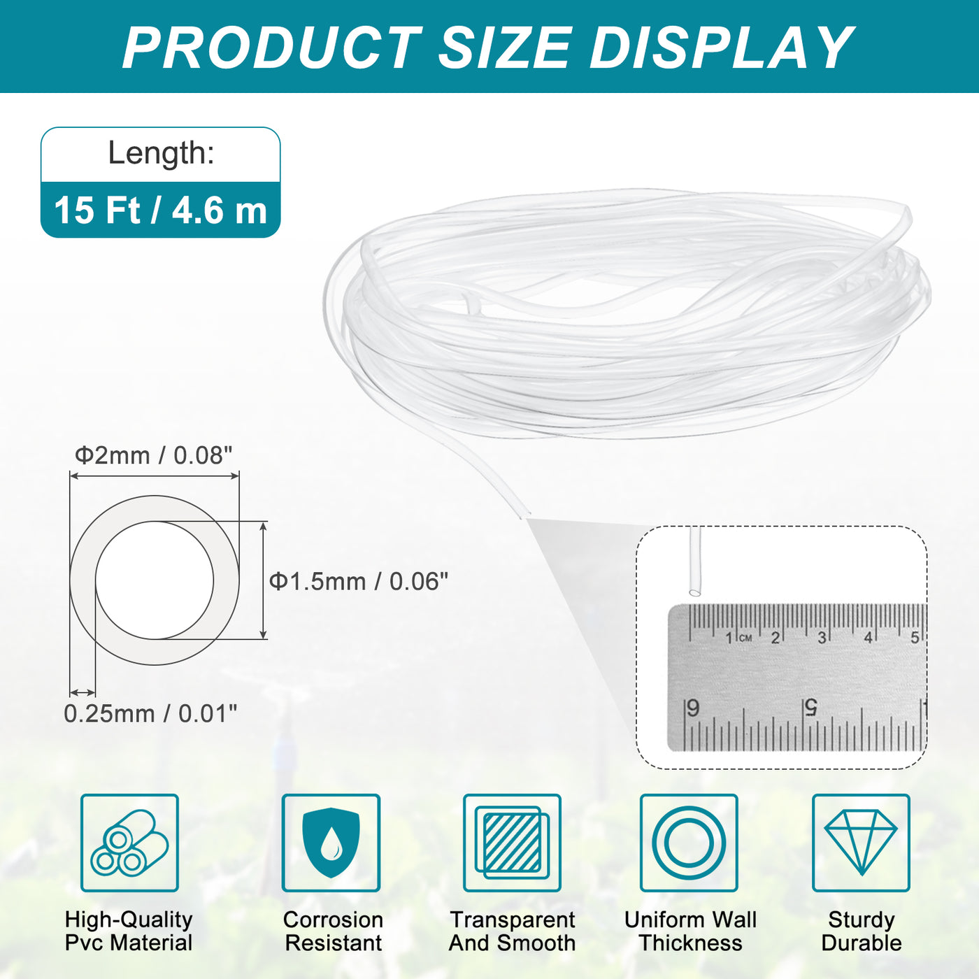 Clear PVC Tubing, 1.5mm ID x 2mm OD - 15ft PVC Tube Lightweight Vinyl ...