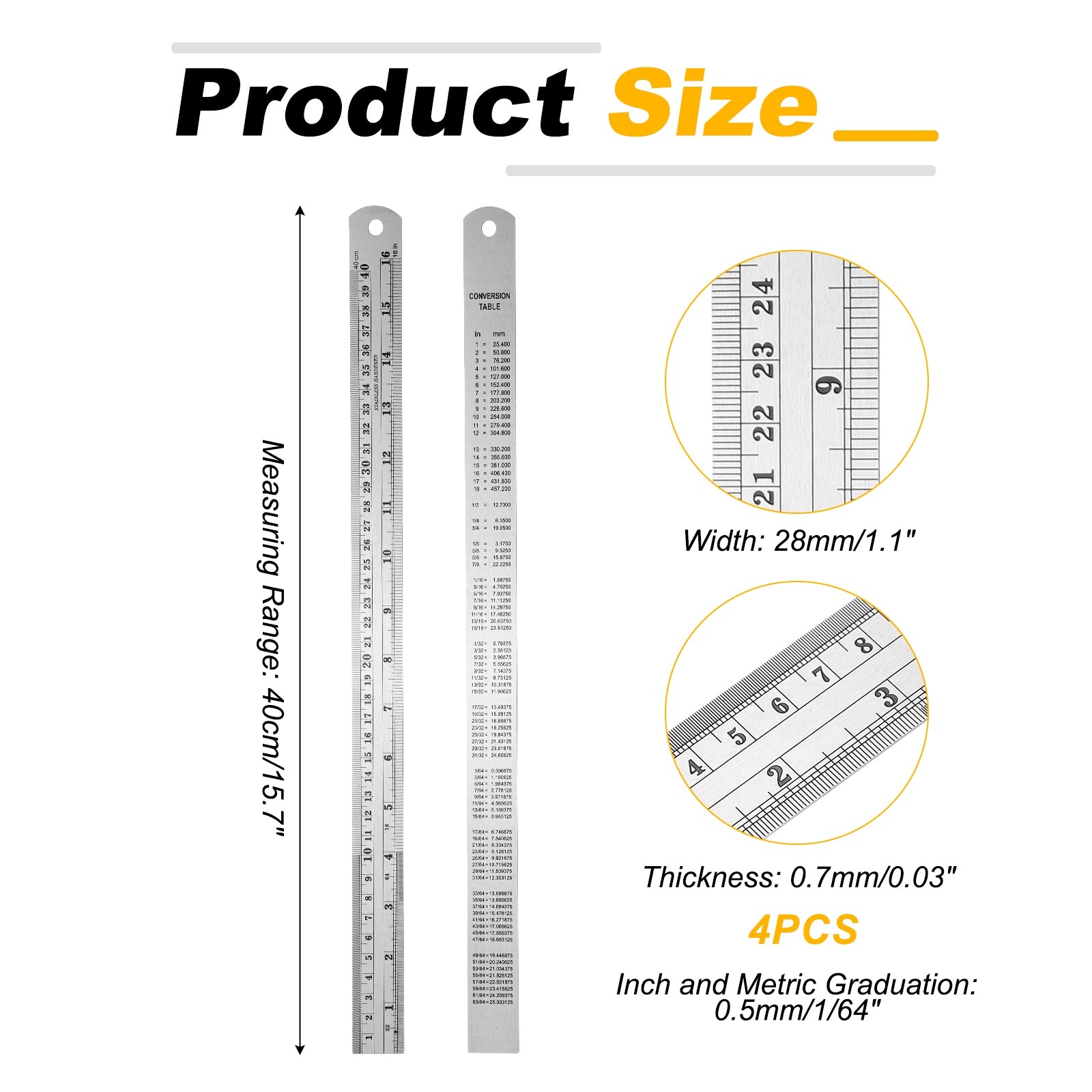 4pcs Stainless Steel Rulers 15.7