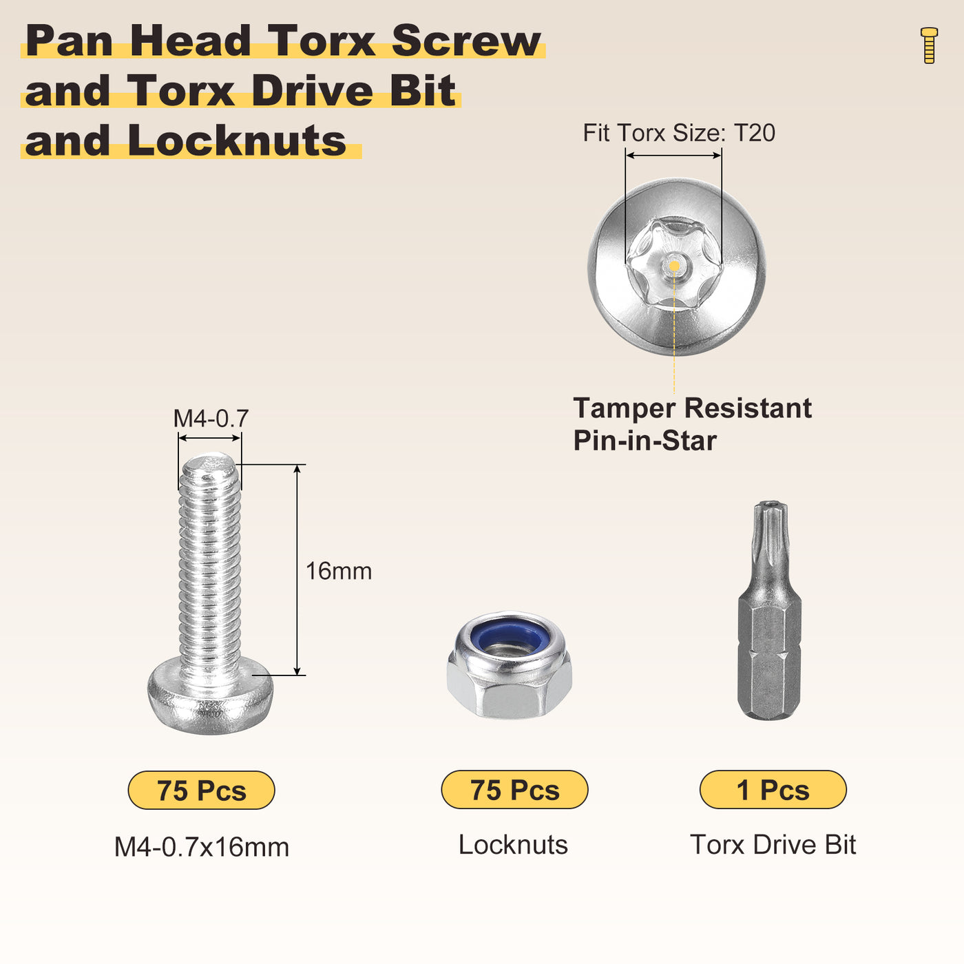 Harfington Pan Head Torx Screws (M4-0.7x16mm) 75Pcs, Stainless Steel 304, Silver Tone
