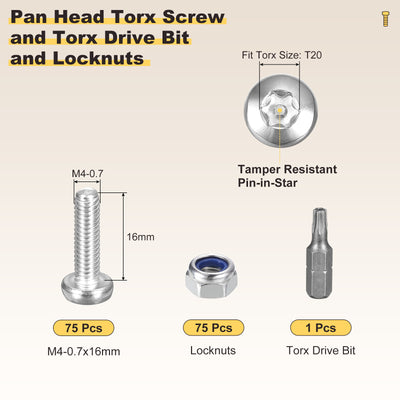 Harfington Pan Head Torx Screws (M4-0.7x16mm) 75Pcs, Stainless Steel 304, Silver Tone