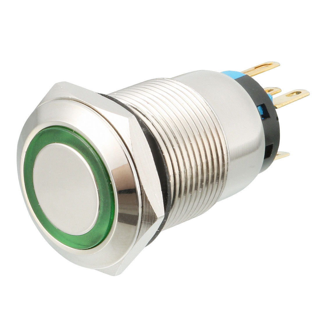 Harfington DC 24V Green LED 19mm SPDT Momentary Stainless Push Button Switch 5 Pin Round