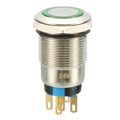 Harfington DC 24V Green LED 19mm SPDT Momentary Stainless Push Button Switch 5 Pin Round