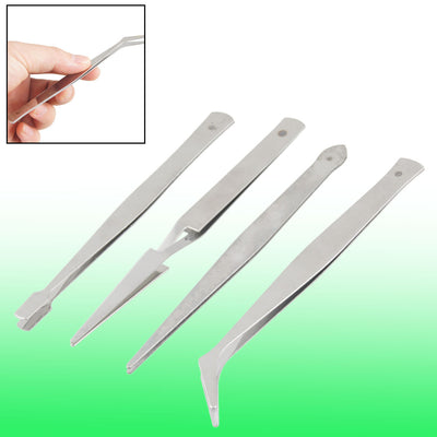 uxcell Uxcell 4 in 1 Silver Tone Metal Pointed Flat Cross Action Tweezers Tools