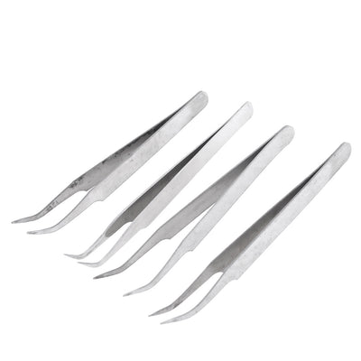 uxcell Uxcell 4 Pcs Silver Tone Bended Nose Pointed Stainless Steel Curved Tweezer 115mm