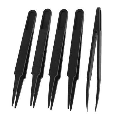 uxcell Uxcell 4.5" Long Black Plastic Tapering Tip Tweezers Repair Tool 5 Pcs
