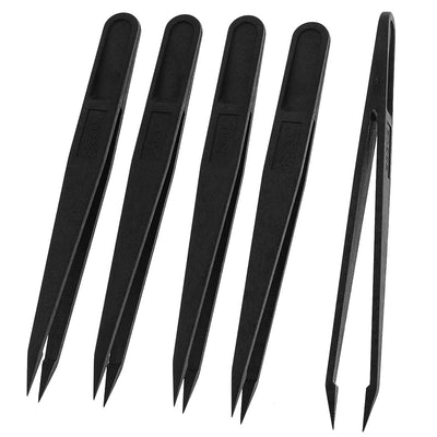 Harfington Uxcell 5 Pcs Black Plastic Antistatic Antimagnetic Pointed Tip Tweezers 4.5" Long