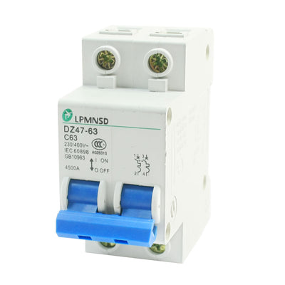 Harfington Uxcell AC 400V 63A ON/OFF Switch 2 Phrase C Type Mini Circuit Breaker 4500A