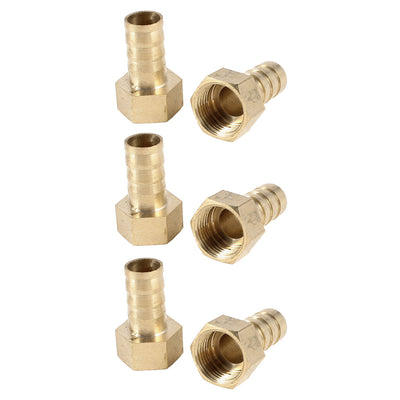 Harfington Uxcell 6pcs Brass Fitting 12mm Hose Barb 3/8PT Female Thread Quick Joint Connector Gold Tone