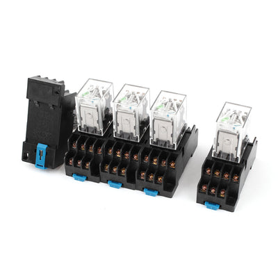 Harfington Uxcell 5 Pcs HH54PL DC 24V Coil Green Indicator Light 35mm DIN Rail 4PDT 14 Pins Electromagnetic General Purpose Power Relay + Socket Base