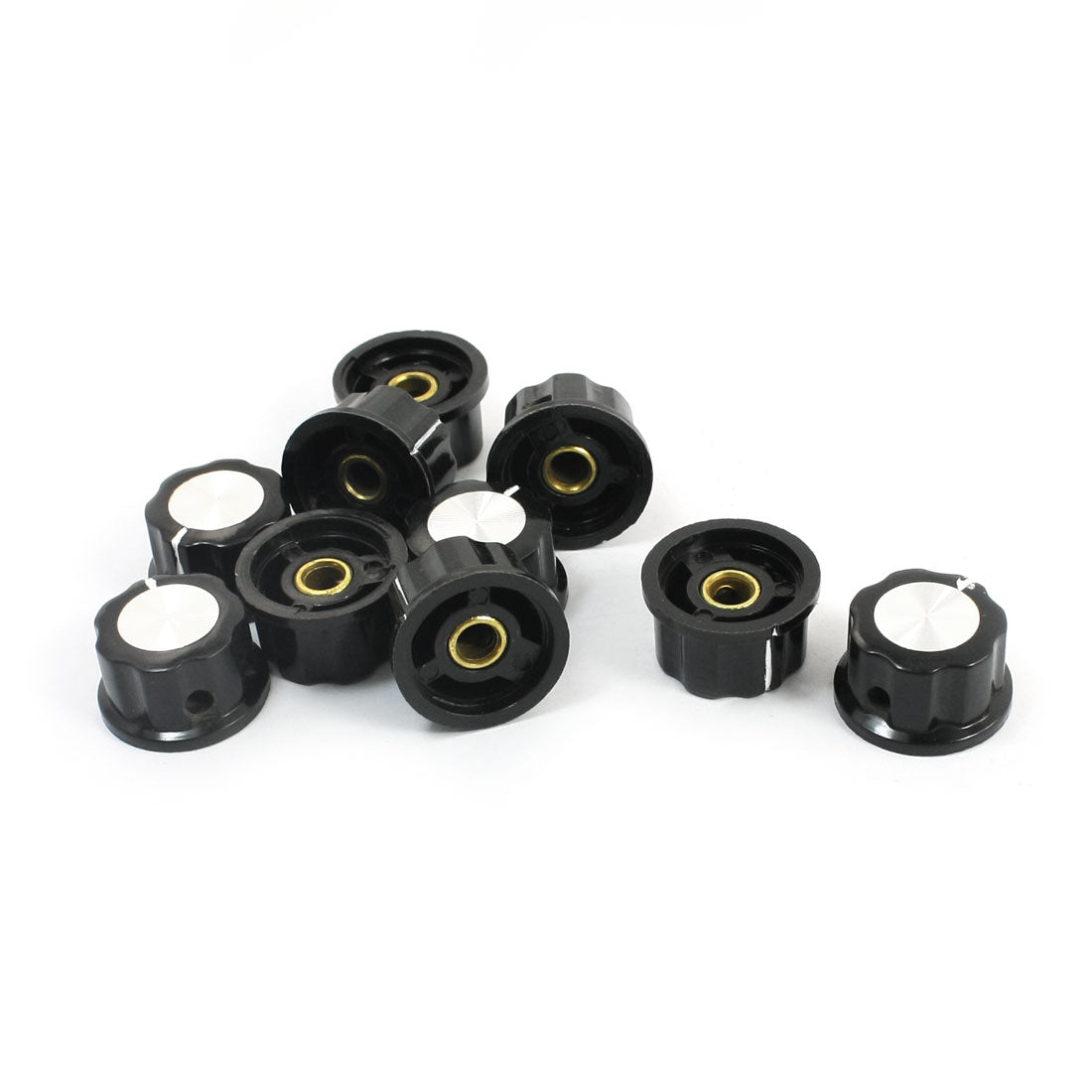 uxcell Uxcell 10pcs 6mm Round Shaft Insert Dia Plastic Potentiometer Knobs Caps Cover Hat Black Silver Tone