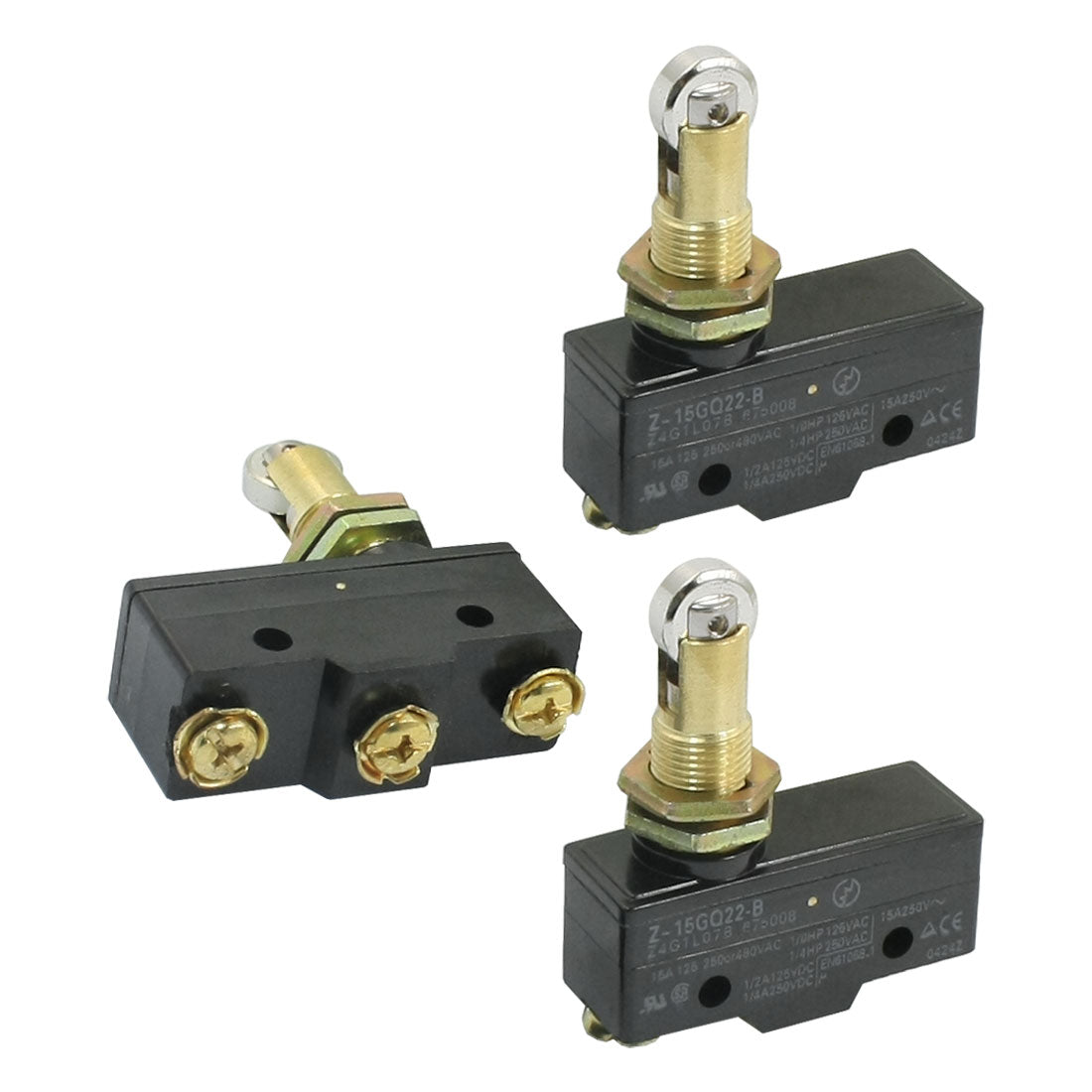 uxcell Uxcell 3pcs Z-15GQ22-B AC 125V/250V/480V 15A 3 Terminals SPSD 1NO 1NC Panel Mount Roller Plunger Basic Limit Switch 12mm Thread