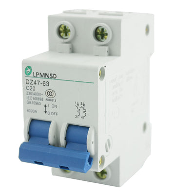 Harfington Uxcell DZ47-63 35mm DIN Rail Mount 2 Pole On/Off Switch Overload Protector Mini Circuit Breaker AC 230V 400V 20A 6000A