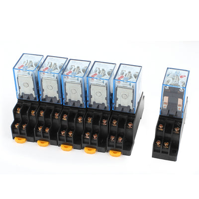 Harfington Uxcell 6 Pcs AC 110/120V 5A Coil Red Indicator Light 35mm DIN Rail DPDT 8Pins Electromagnetic General Purpose Power Relay + Socket Base