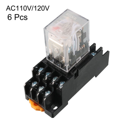 Harfington Uxcell 6 Pcs AC 110V/120V 5A Coil Red Indicator Light 35mm DIN Rail 4PDT 14Pins Electromagnetic General Purpose Power Relay + Socket Base