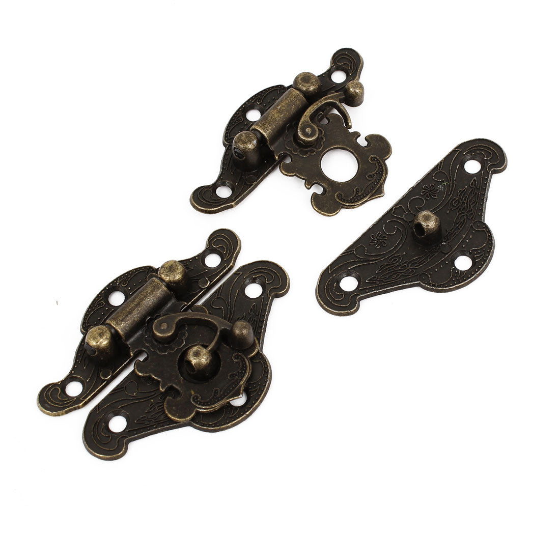 uxcell Uxcell 2 Pcs Dollhouse Antique Carved Wood Jewelry Box Latch Sets Case Hasp Pad Chest Lock Locking Hook Hinge Bronze Tone 1.9" Long
