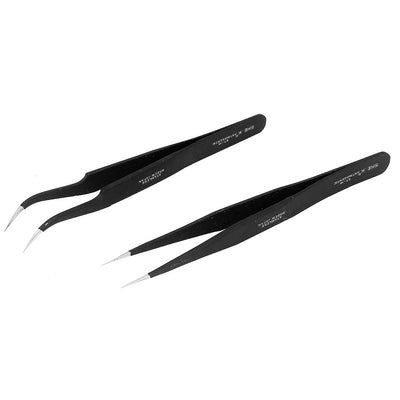 Harfington Hand Tool Pointed Straight Bent Curved Tips Metal Tweezers Black 2Pcs