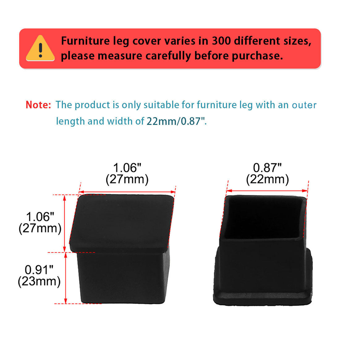 uxcell Uxcell 20mm x 20mm Rubber Square Designed Furniture Foot Leg Cover Caps Black 8pcs
