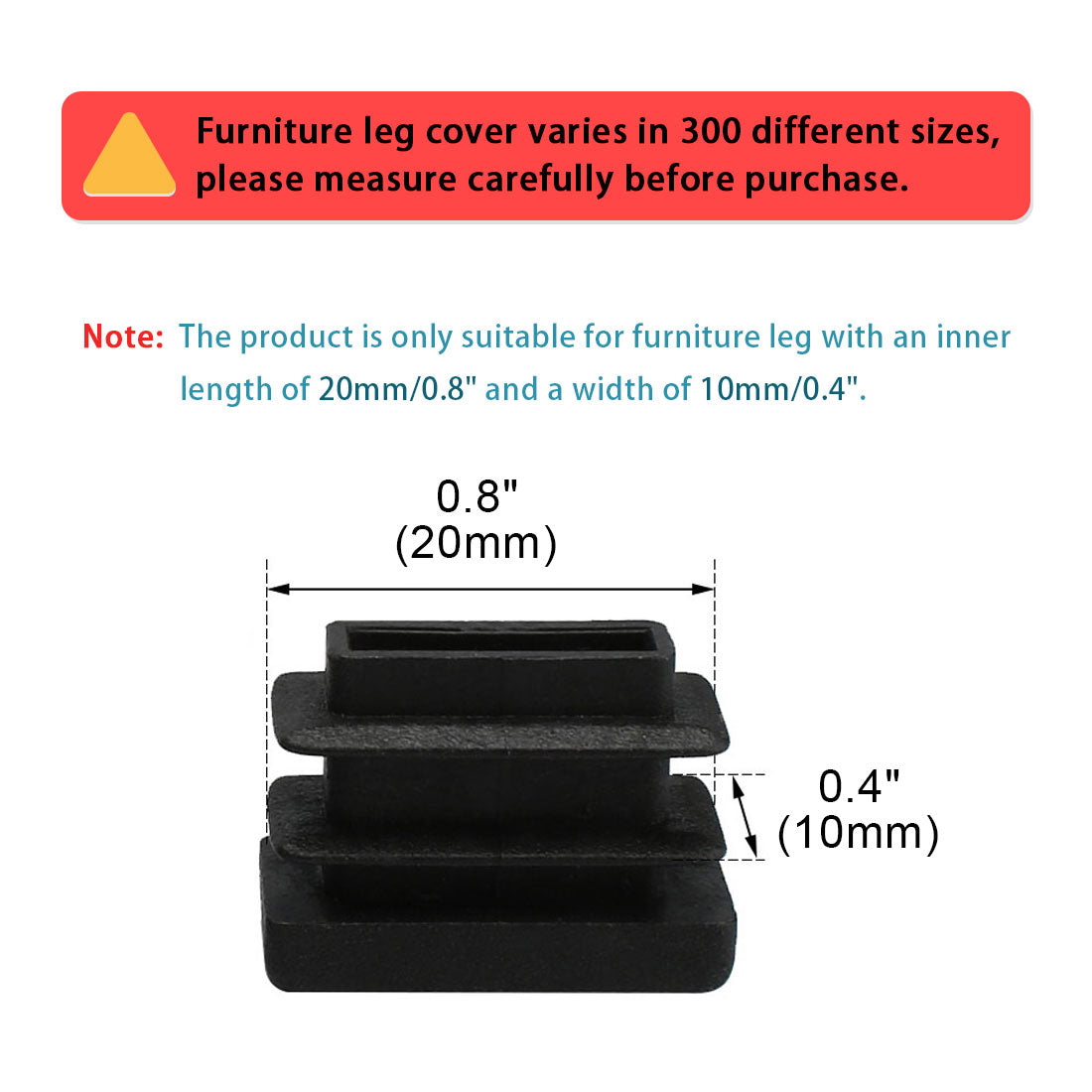 uxcell Uxcell Home Plastic Rectangle Chair Desk Leg Foot Cover Tube Insert Black 20mm x 10mm 15pcs