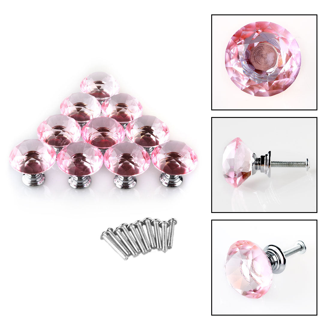 uxcell Uxcell 30mm Crystal Glass Diamond Shape Drawer Knobs Cabinet Pull Handle New Pink 10pcs