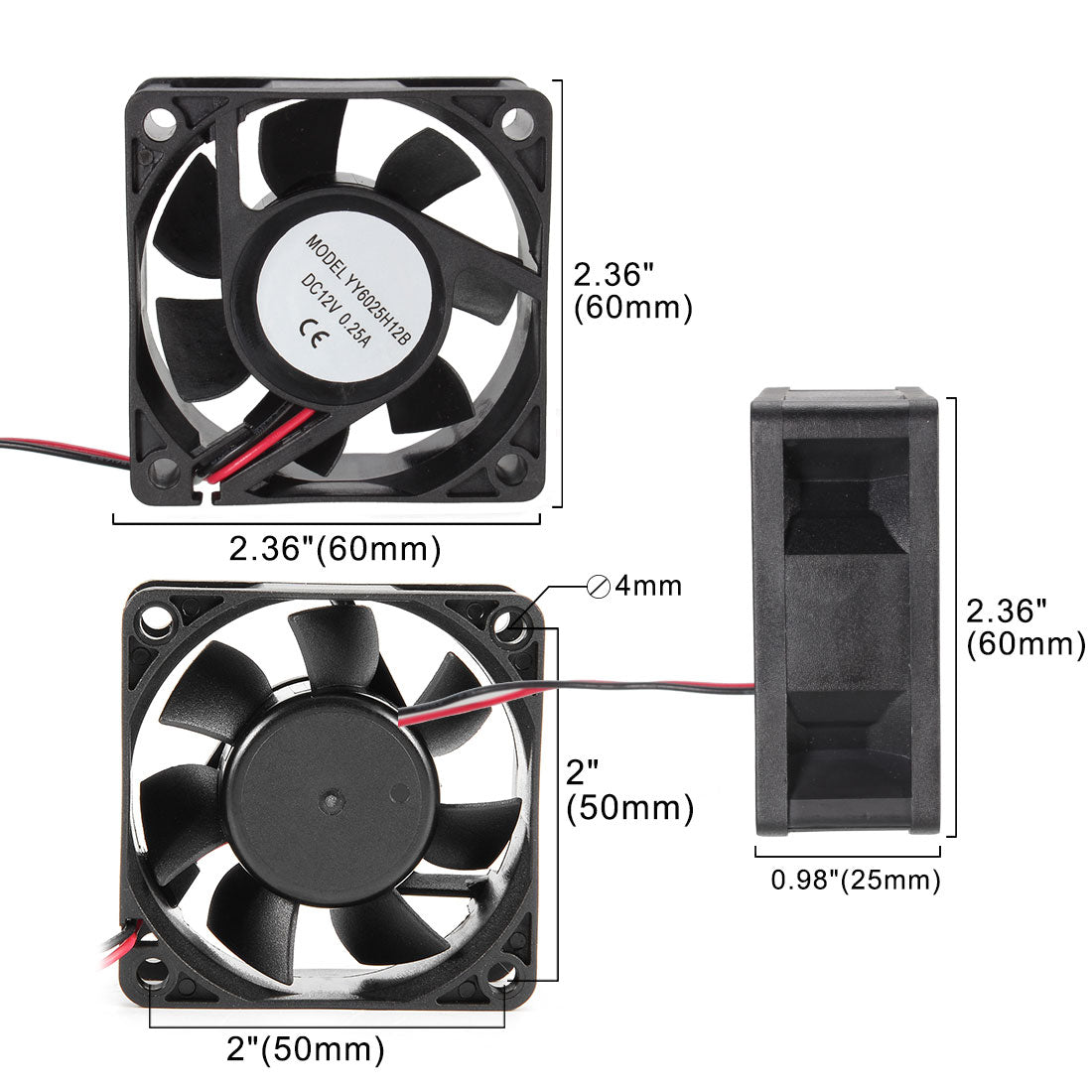 60mm x 60mm x 25mm 12V DC Cooling Fan Long Life Dual Ball Bearings PC ...
