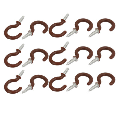 Harfington Uxcell 7/8 Inch Plastic Coated Screw-in Open Cup Ceiling Hooks Hangers Brown 15pcs