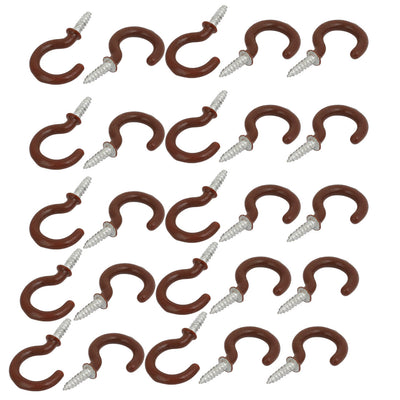 Harfington Uxcell 7/8 Inch Plastic Coated Screw-in Open Cup Ceiling Hooks Hangers Brown 25pcs