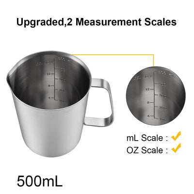 Harfington Uxcell Measuring Cup, Upgraded, 2 Measurement Scales, Including L Scale, Ounce Scale, Stainless Steel Measuring Cup w Marking with Handle, 16 Ounces, 500mL