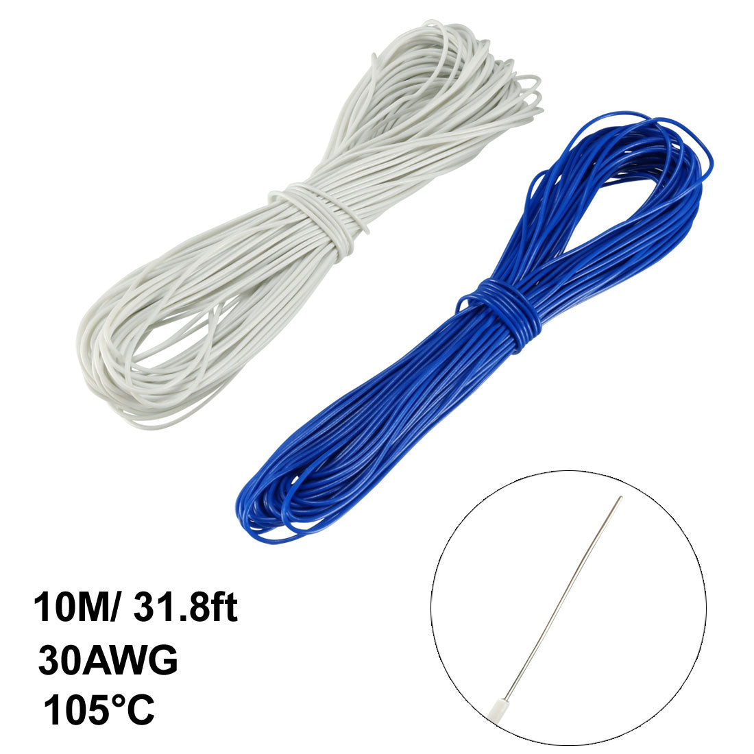uxcell Uxcell 2 Pcs Wrapping Wire Tin Plated Copper Wire P/N 30 AWG 10M Length White blue