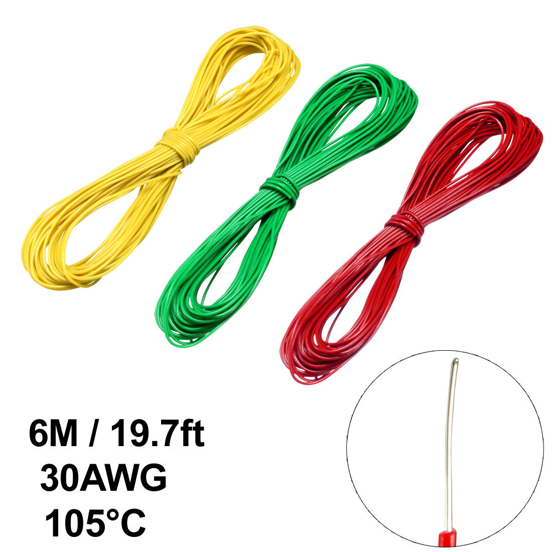 uxcell Uxcell 3 Pcs Wrapping Wire Tin Plated Copper Wire P/N 30AWG 6M Length Red Green Yellow