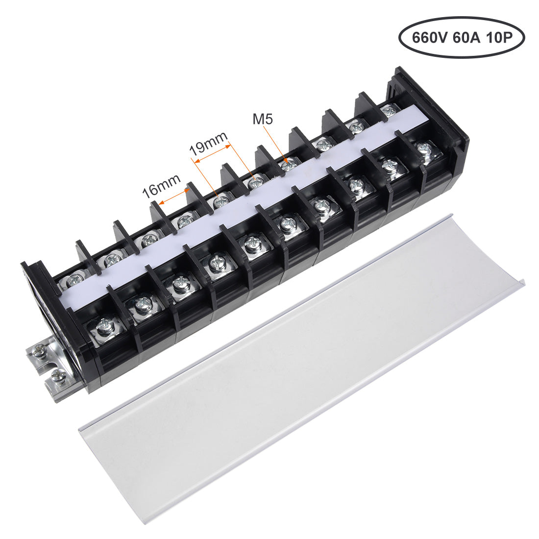 uxcell Uxcell Barrier Terminal Strip Block 660V 60A Dual Rows 10 Position DIN Rail Base Covered Screw