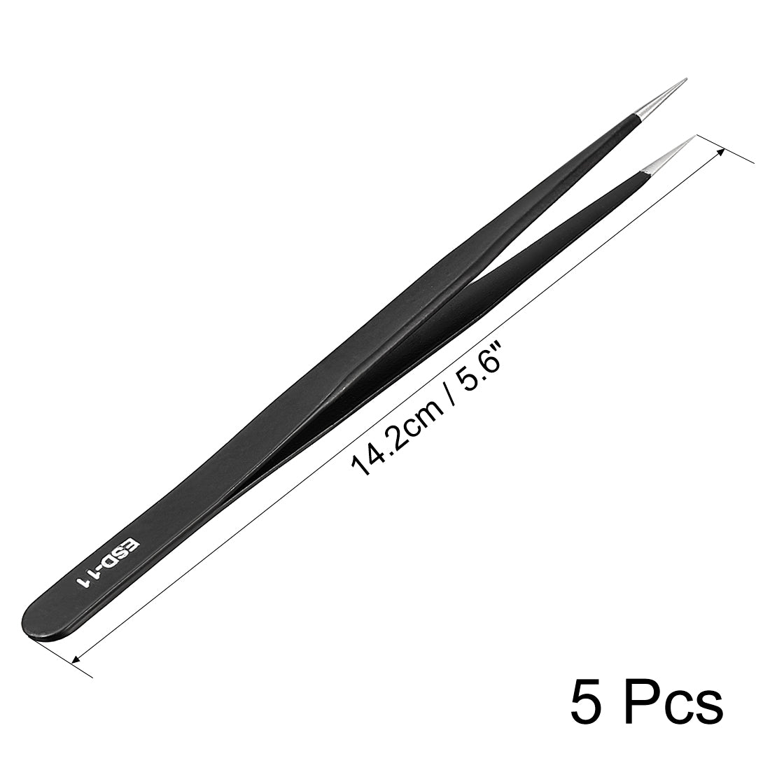 uxcell Uxcell ESD Anti-static Stainless Steel Tweezers Straight Pointed Non-magnetic 5.6 Inch Length Black 5pcs