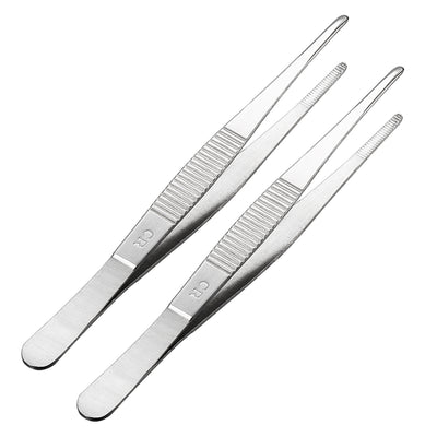 Harfington Uxcell 2 Pcs 5.5-Inch Stainless Steel Straight Blunt Tweezers with Serrated Tip Polish