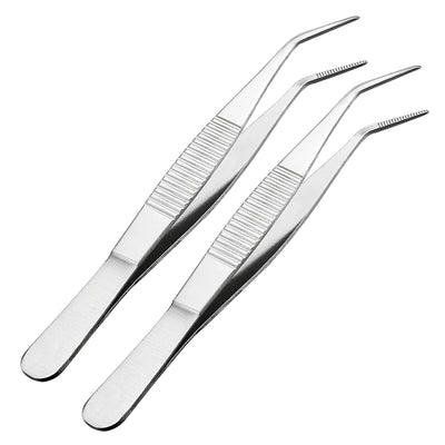 Harfington Uxcell 2 Pcs 5-Inch Stainless Steel Tweezers with Curved Pointed Serrated Tip